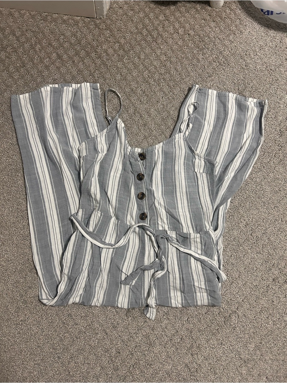 SO Blue and White Striped Jumpsuit with Front Buttons